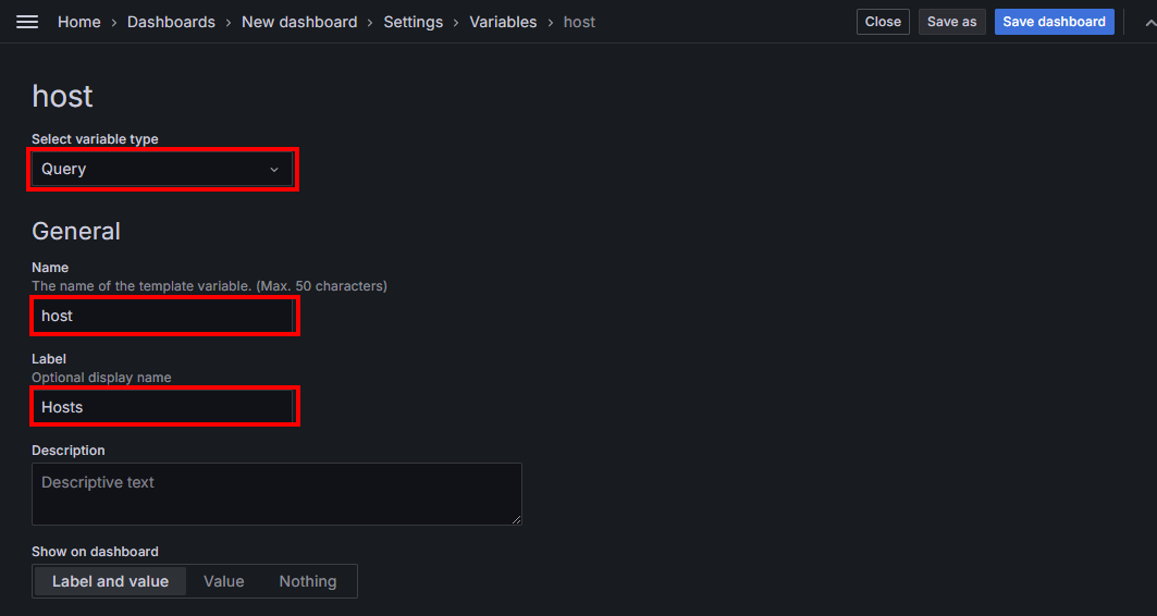 Dashboard variable type and name